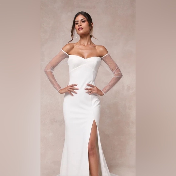 Lulus Dresses & Skirts - Lulus Eternally Beloved White Mesh Off-the-Shoulder Pearl Maxi Dress Large #